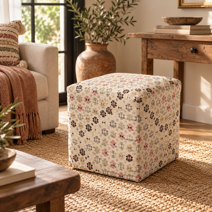 Vintage Turkish Kilim Ottoman – Floral Cube Footstool, 42x42x50 cm