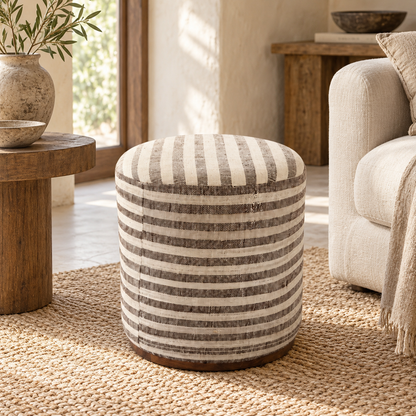 Vintage Turkish Kilim Ottoman – Brown Striped Round Pouf, 36x40x42 cm