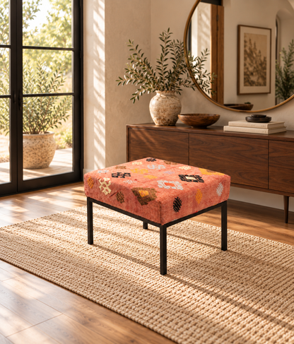 Vintage Turkish Kilim Bench – Pink Upholstered Ottoman, 68x52x47 cm