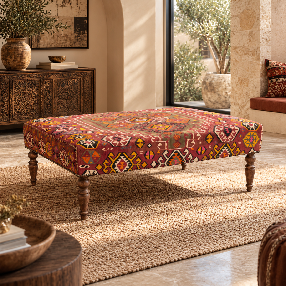 Vintage Turkish Kilim Ottoman – Geometric Upholstered Bench, 123x76x45 cm