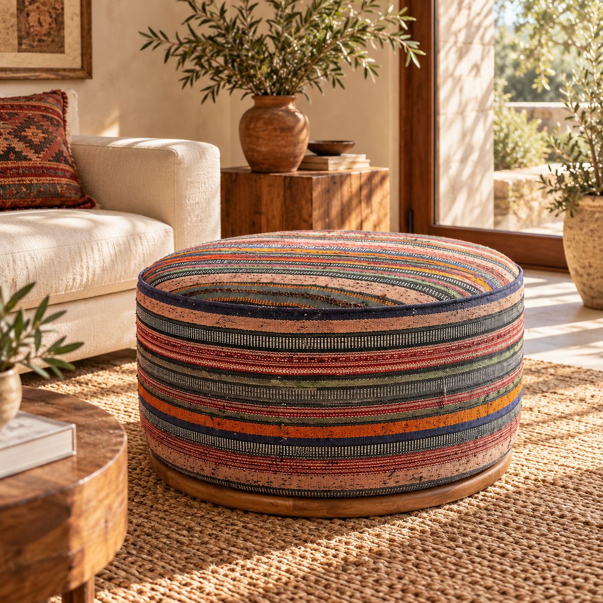 Vintage Turkish Kilim Ottoman – Large Round Striped Pouf, 73x73x39 cm