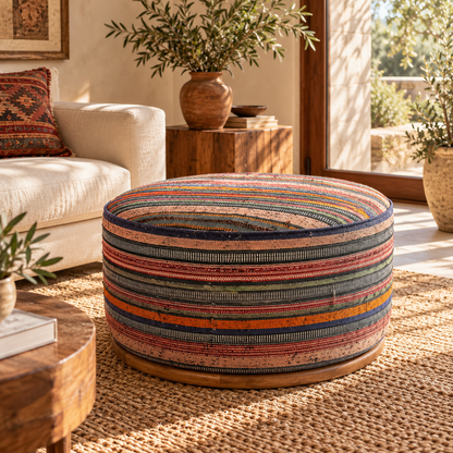 Vintage Turkish Kilim Ottoman – Large Round Striped Pouf, 73x73x39 cm