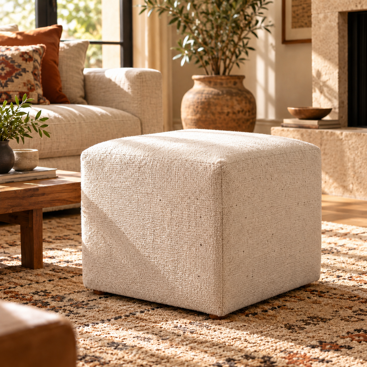 Vintage Turkish Kilim Ottoman – Natural Cream Square Wool Pouf, 58x5x50 cm