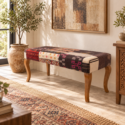 Turkish Style Upholstered Bench – Patchwork Print Ottoman, 117x46x50 cm