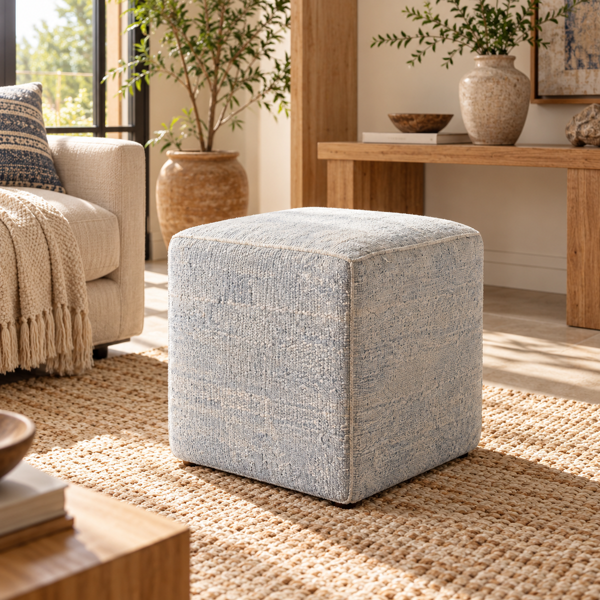 Vintage Turkish Kilim Ottoman – Light Blue Wool Cube Pouf, 43x45x50 cm