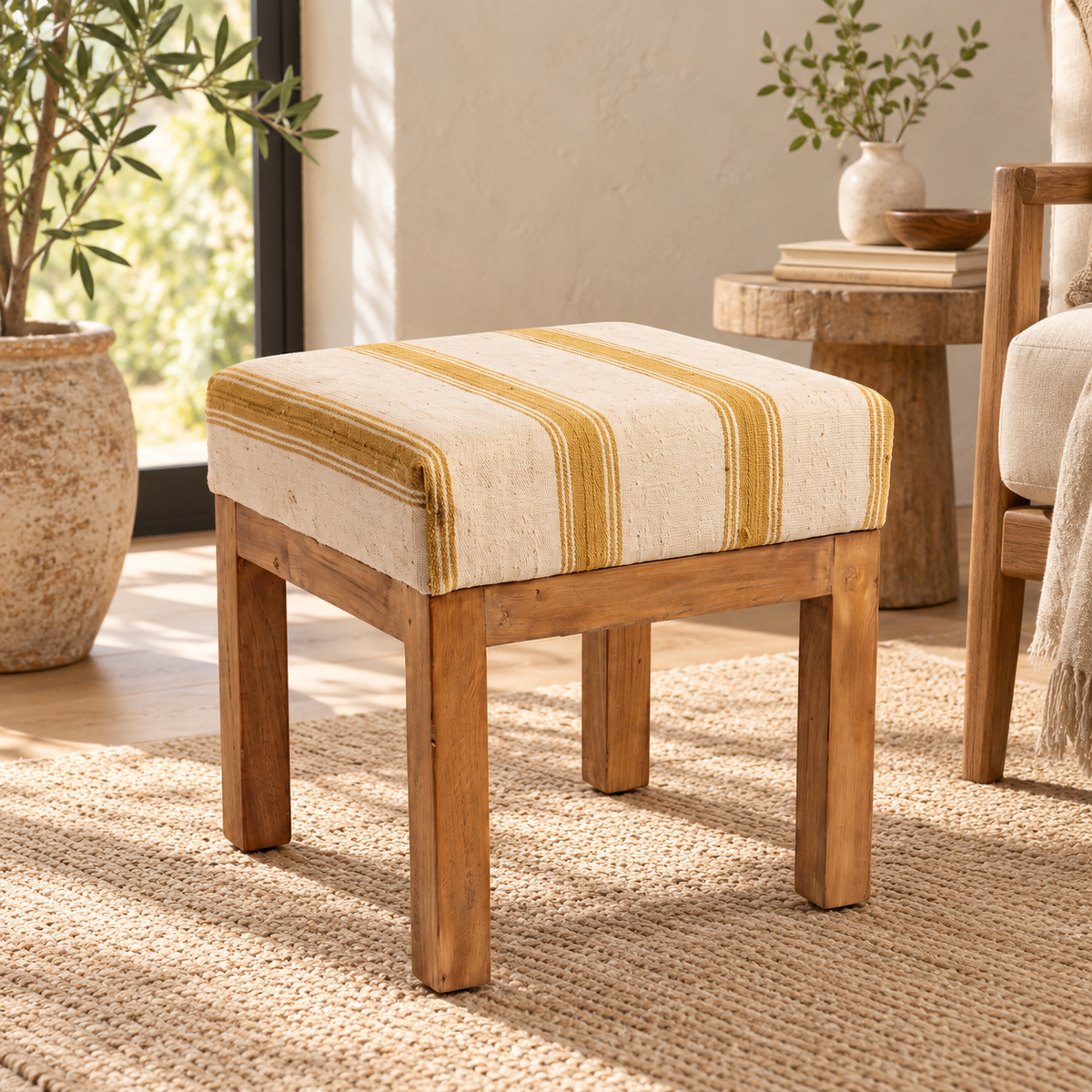 Vintage Turkish Kilim Stool – Mustard Striped Wooden Ottoman, 47x47x47 cm