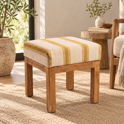 Vintage Turkish Kilim Stool – Mustard Striped Wooden Ottoman, 47x47x47 cm