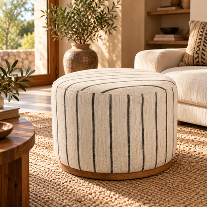 Vintage Turkish Kilim Ottoman – Large Round Striped Pouf, 68x68x45 cm