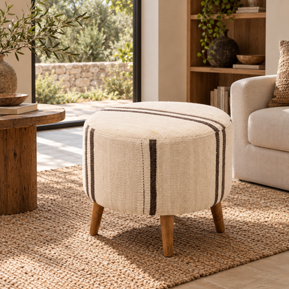 Vintage Turkish Kilim Ottoman – Round Cream Wool Pouf, 50x50x46 cm