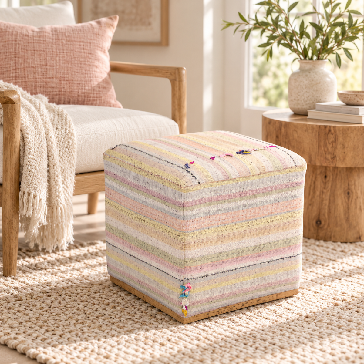 Vintage Turkish Kilim Ottoman – Pastel Striped Cube Pouf, 40x40x48 cm