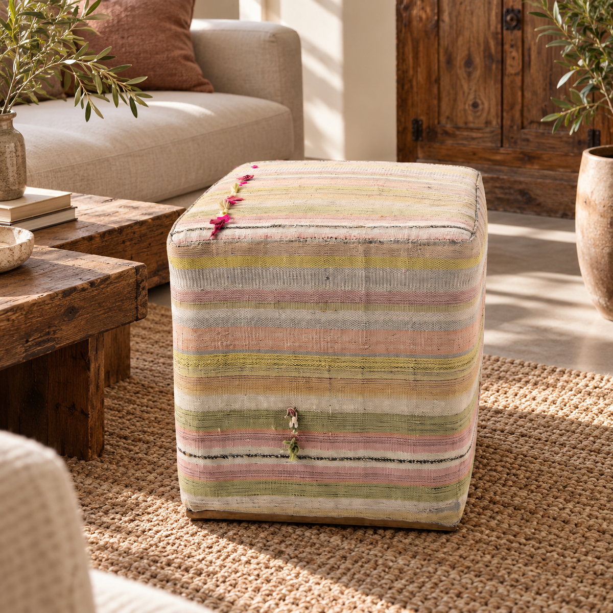 Vintage Turkish Kilim Ottoman – Pastel Striped Cube Pouf, 43x43x47 cm