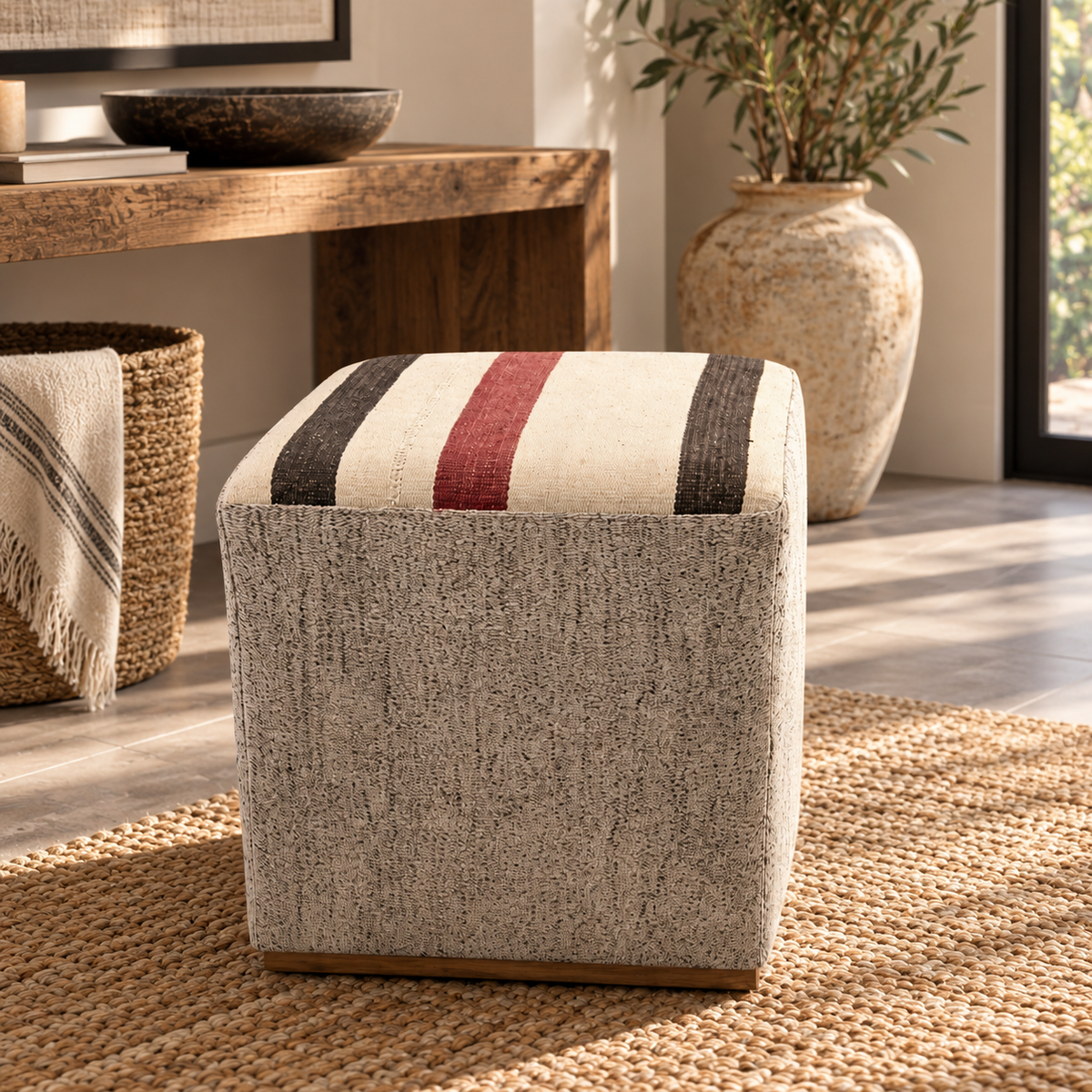 Vintage Turkish Kilim Ottoman – Striped Upholstered Cube Pouf, 40x44x47 cm