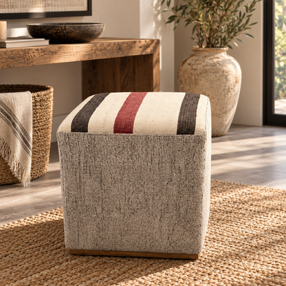 Vintage Turkish Kilim Ottoman – Striped Upholstered Cube Pouf, 40x44x47 cm
