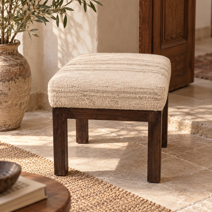 Vintage Turkish Kilim Stool – Cream Wool Ottoman, 47x47x47 cm
