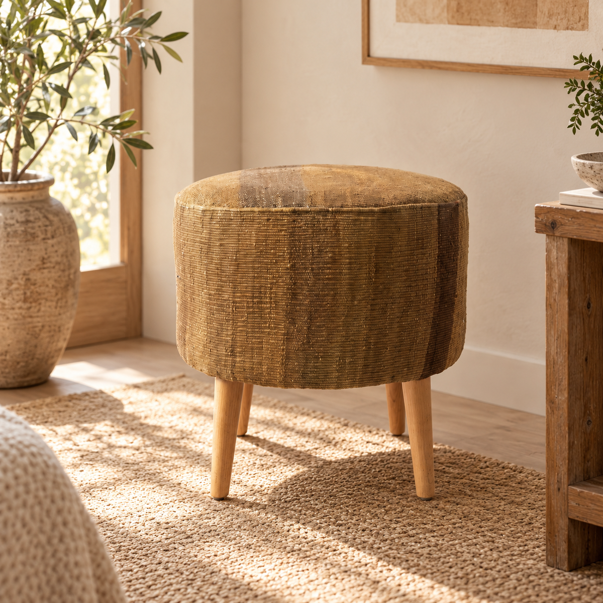 Vintage Turkish Kilim Ottoman – Mustard Brown Round Footstool, 52x52x50 cm