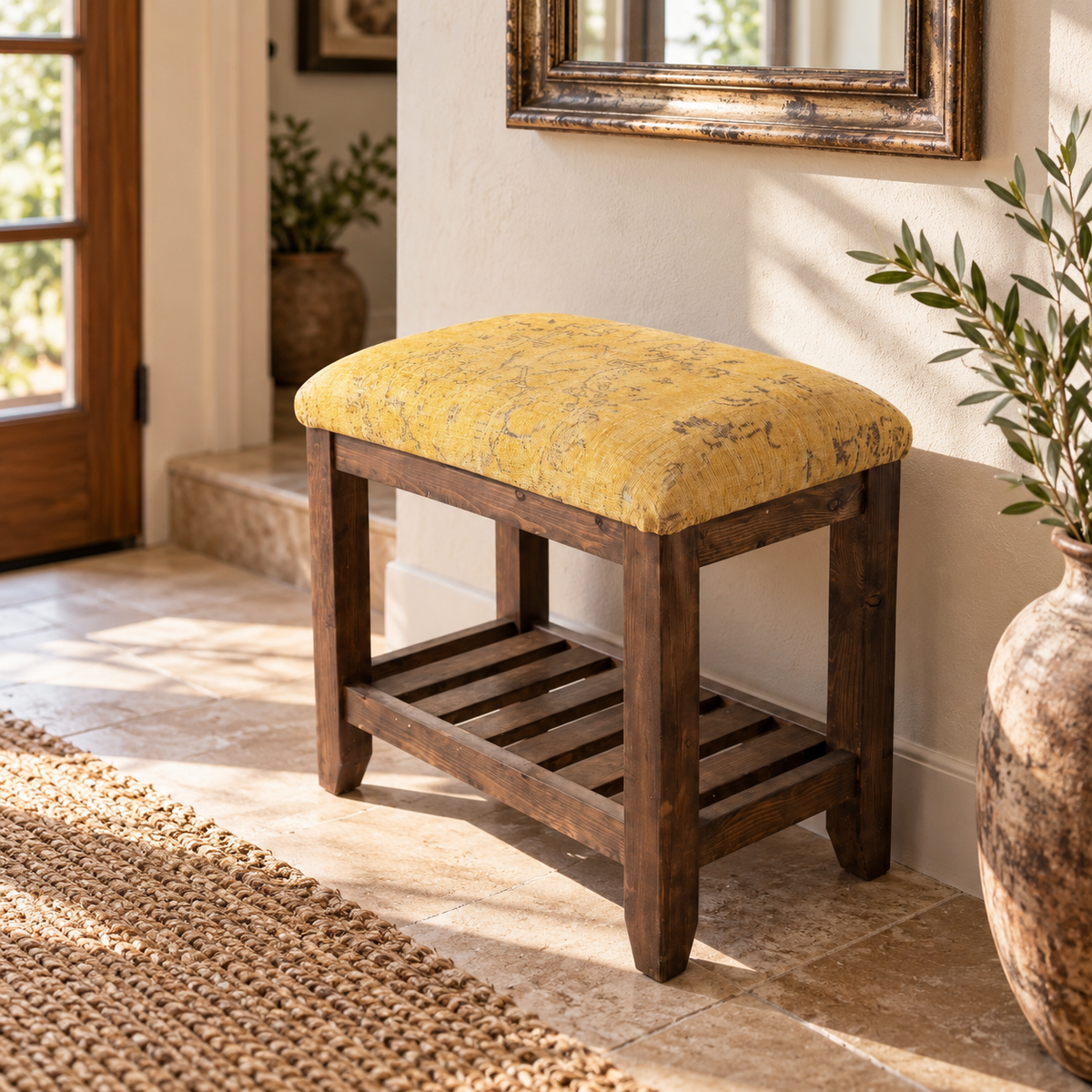 Mustard Yellow Upholstered Bench – Rustic Wooden Stool with Storage Shelf, 53x31x50 cm