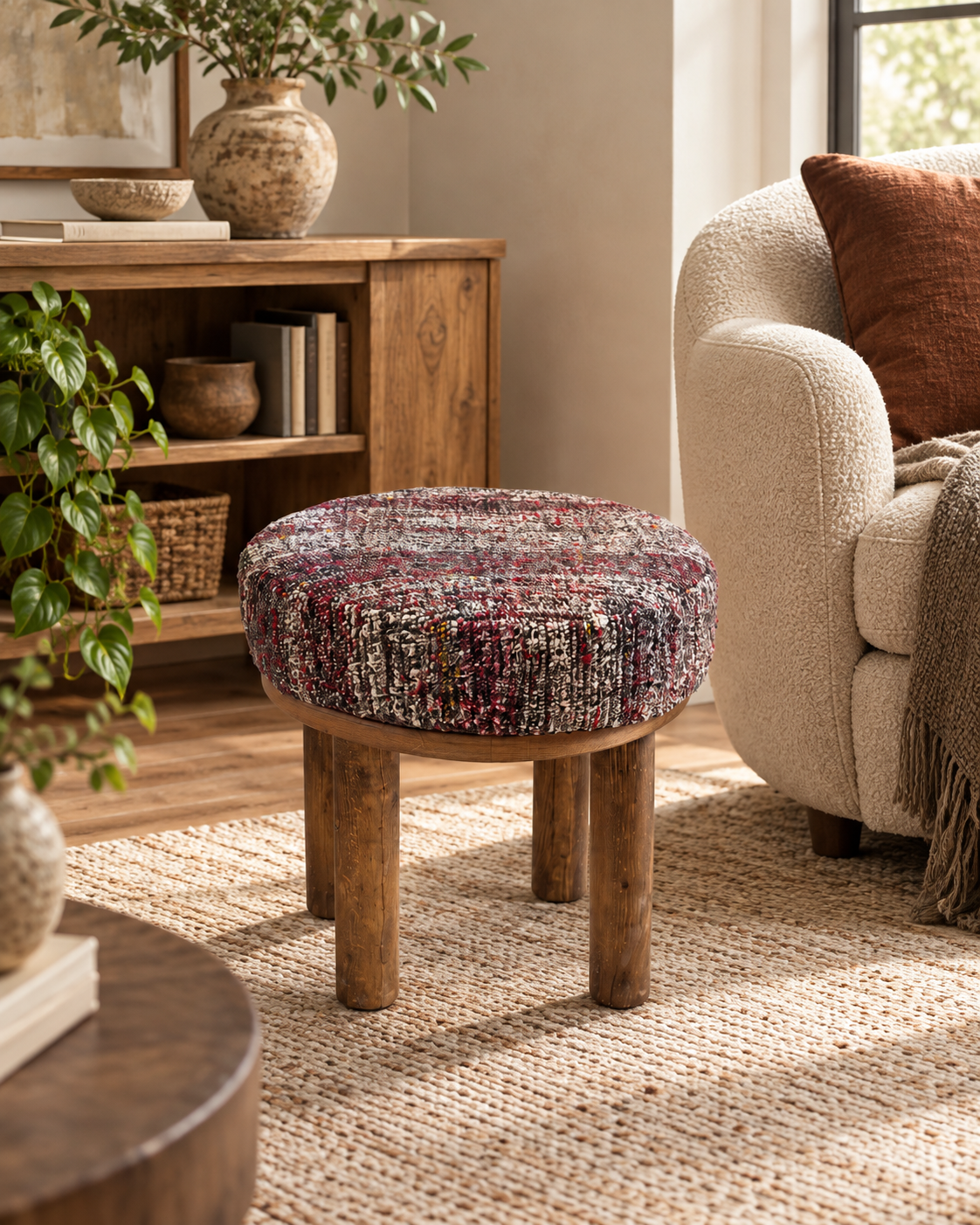 Vintage Turkish Kilim Stool – Round Wooden Ottoman, 40x40x40 cm