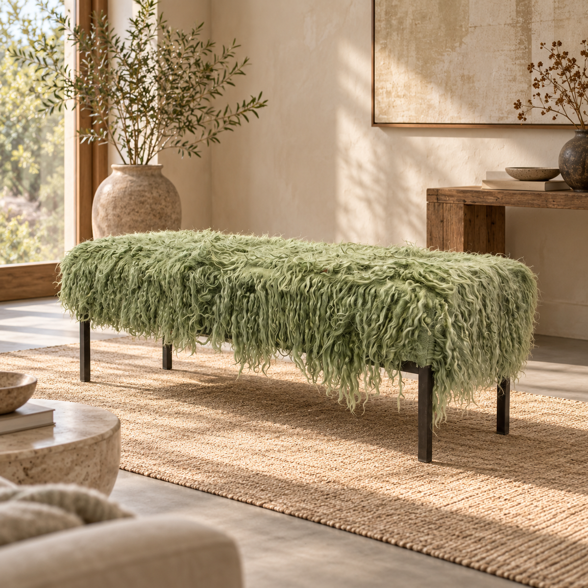 Vintage Turkish Tulu Rug Bench – Sage Green Shaggy Ottoman, 150x50x50 cm