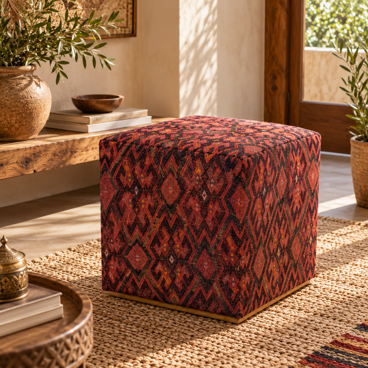 Vintage Turkish Kilim Ottoman – Burgundy Geometric Cube Pouf, 43x43x44 cm