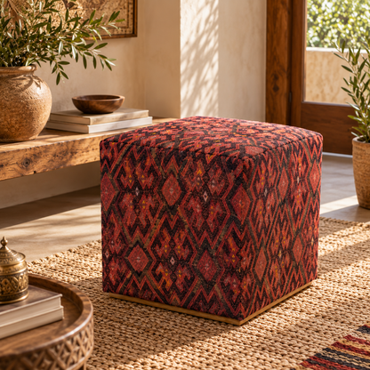 Vintage Turkish Kilim Ottoman – Burgundy Geometric Cube Pouf, 43x43x44 cm