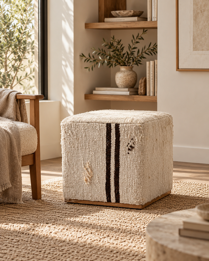 Vintage Turkish Kilim Ottoman – Cream Square Upholstered Pouf, 45x45x45 cm