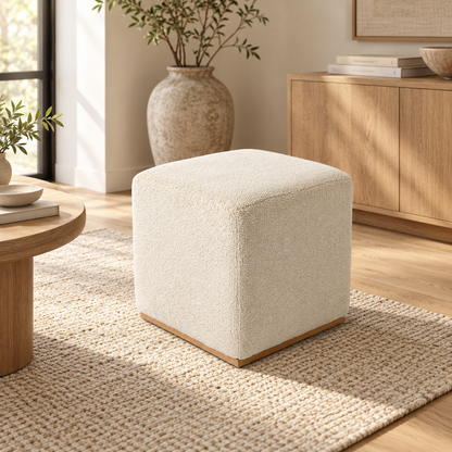 Vintage Turkish Kilim Ottoman – Cream Wool Cube Pouf, 46x46x46 cm
