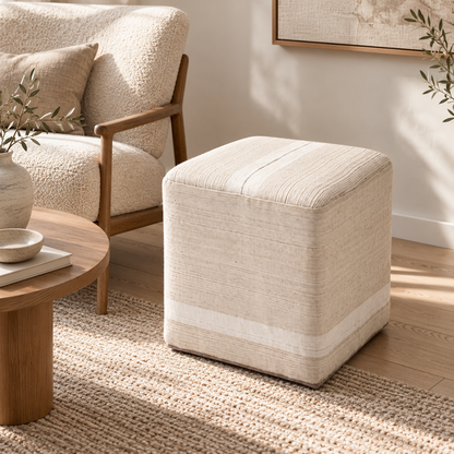Vintage Turkish Kilim Ottoman – Beige Striped Cube Pouf, 40x40x50 cm