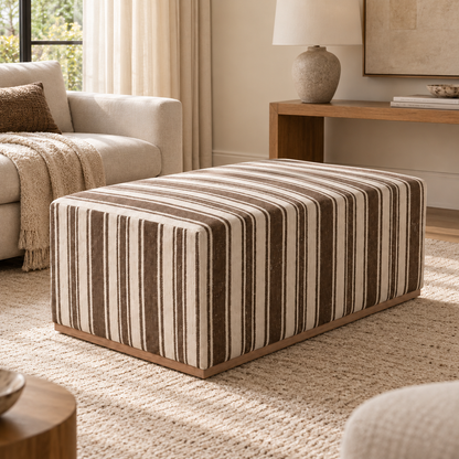 Vintage Turkish Kilim Ottoman – Brown Striped Upholstered Bench, 120x171x49 cm