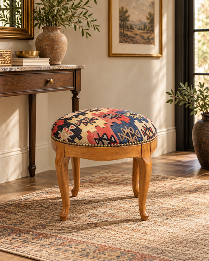 Vintage Turkish Kilim Stool – Round Wooden Ottoman, 45x45x50 cm