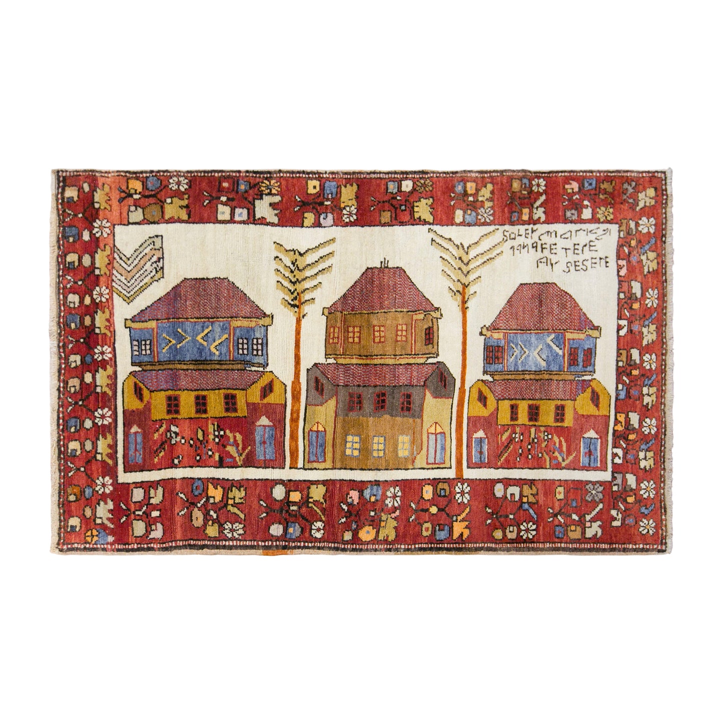Vintage Konya Karapinar Pictorial Rug, 115 × 172 cm / 3.8 x 5.6 ft Handmade Wool Rug