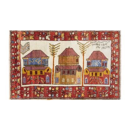 Vintage Konya Karapinar Pictorial Rug, 115 × 172 cm / 3.8 x 5.6 ft Handmade Wool Rug