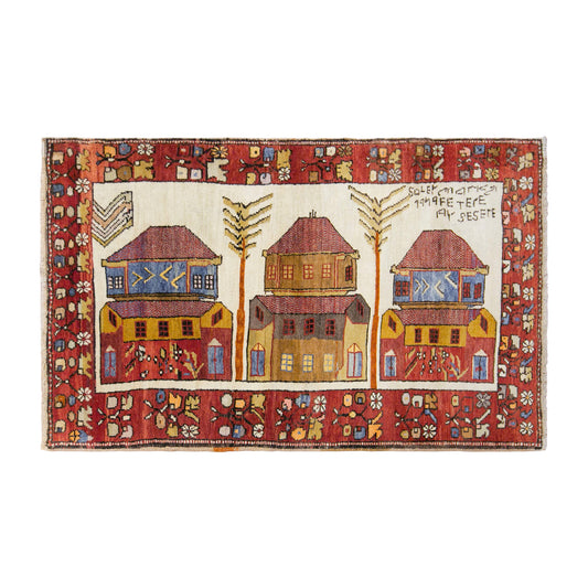 Vintage Konya Karapinar Pictorial Rug, 115 × 172 cm / 3.8 x 5.6 ft Handmade Wool Rug