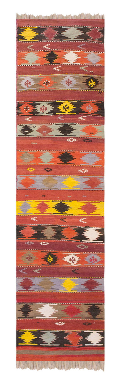 handwoven wool kilim, 2.7 x 11.10 ft kilim, 79 x 363 cm