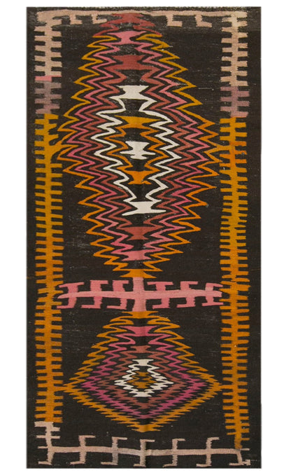 Vintage Kars Kilim Rug, 3.8 x 9.0 ft, 115 x 275 cm, Handwoven Turkish Wool Kilim