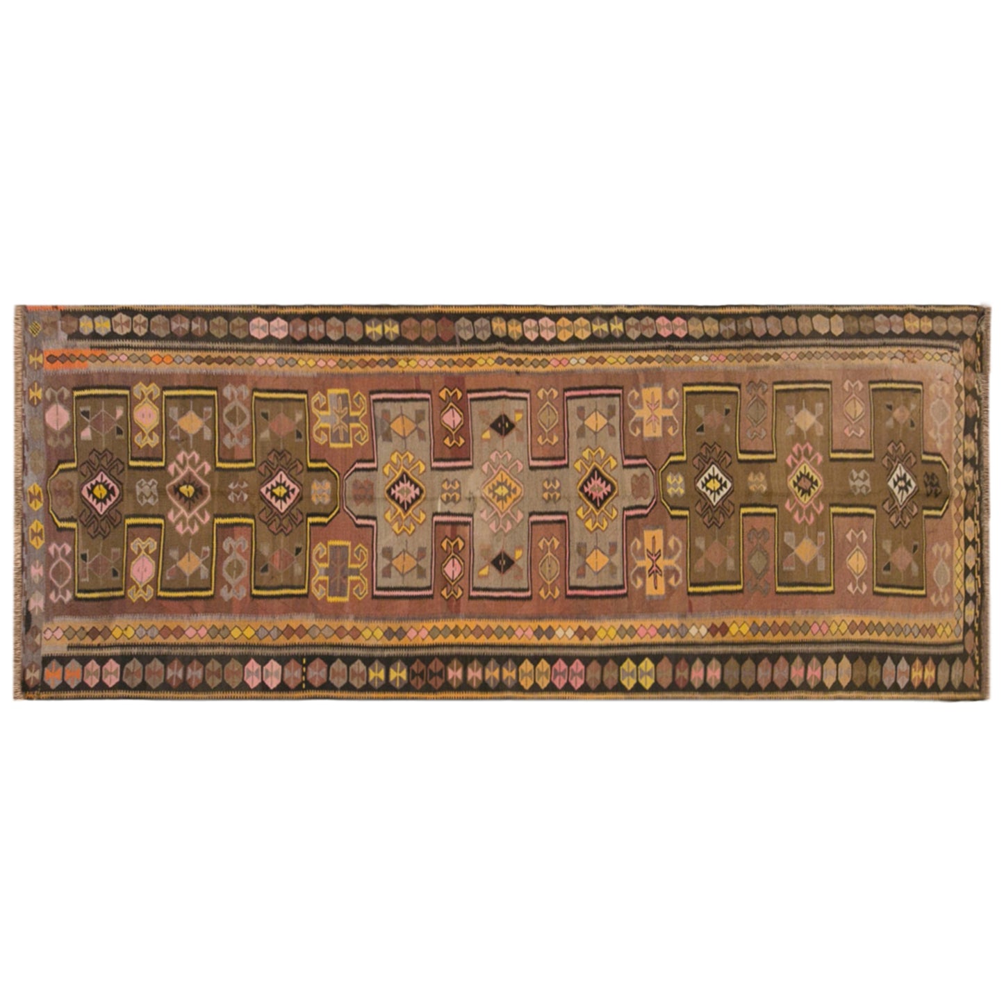 Vintage Kars Kilim Rug, 4.4 x 12.8 ft, 133 x 390 cm, Handwoven Turkish Wool Kilim