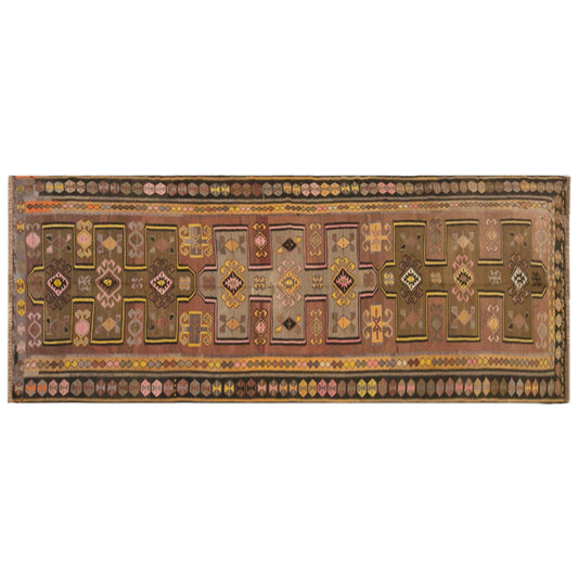 Vintage Kars Kilim Rug, 4.4 x 12.8 ft, 133 x 390 cm, Handwoven Turkish Wool Kilim