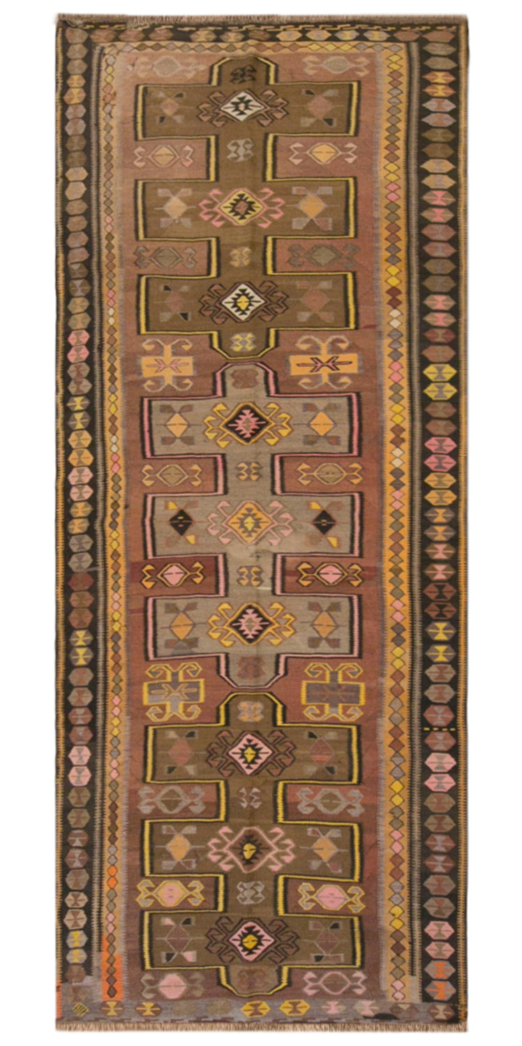Vintage Kars Kilim Rug, 4.4 x 12.8 ft, 133 x 390 cm, Handwoven Turkish Wool Kilim