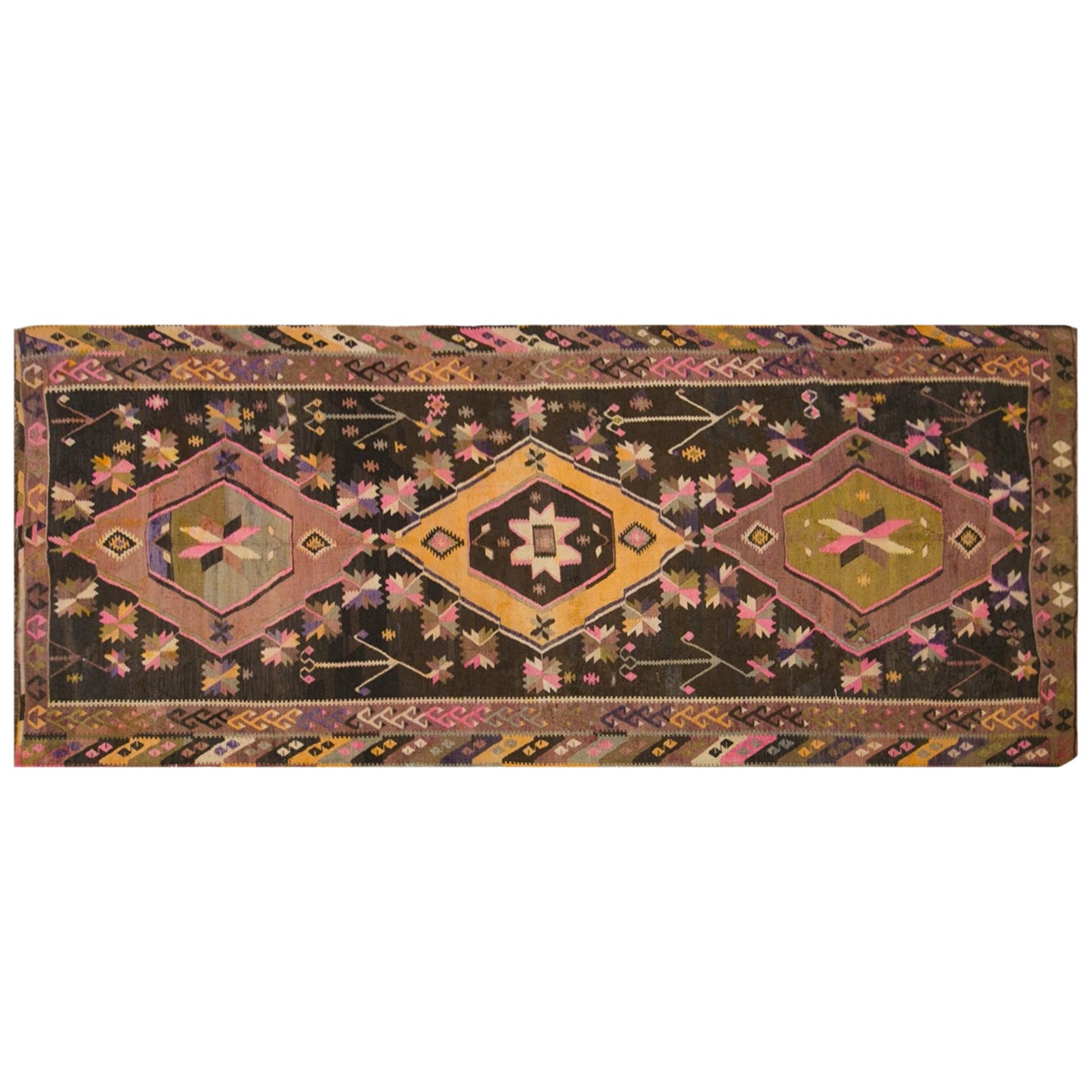 Vintage Kars Kilim Rug, 4.5 x 12.1 ft, 137 x 370 cm, Handwoven Turkish Wool Kilim