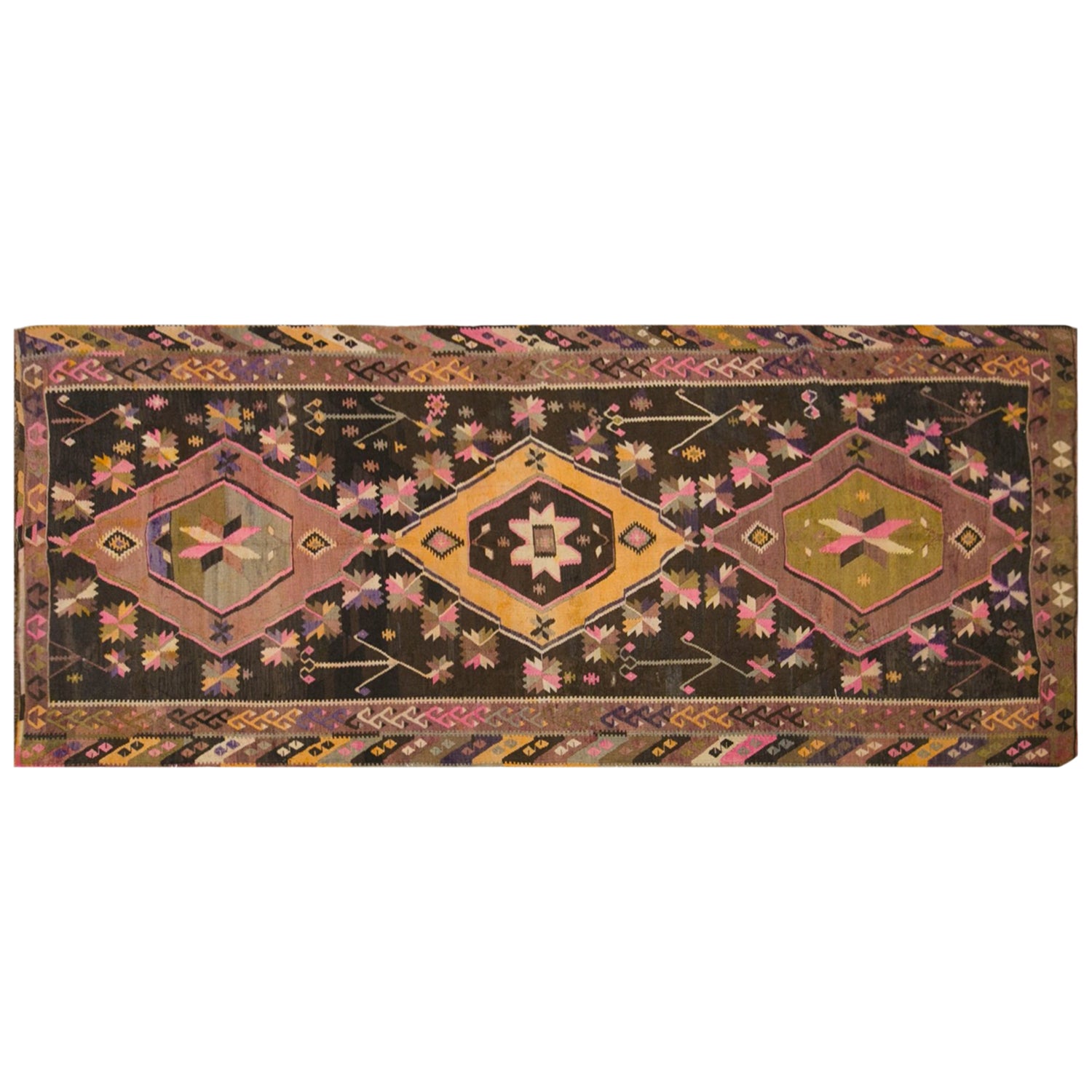Vintage Kars Kilim Rug, 4.5 x 12.1 ft, 137 x 370 cm, Handwoven Turkish Wool Kilim