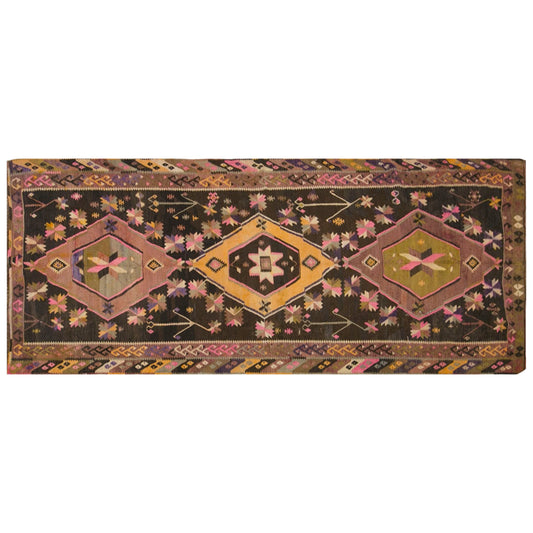 Vintage Kars Kilim Rug, 4.5 x 12.1 ft, 137 x 370 cm, Handwoven Turkish Wool Kilim