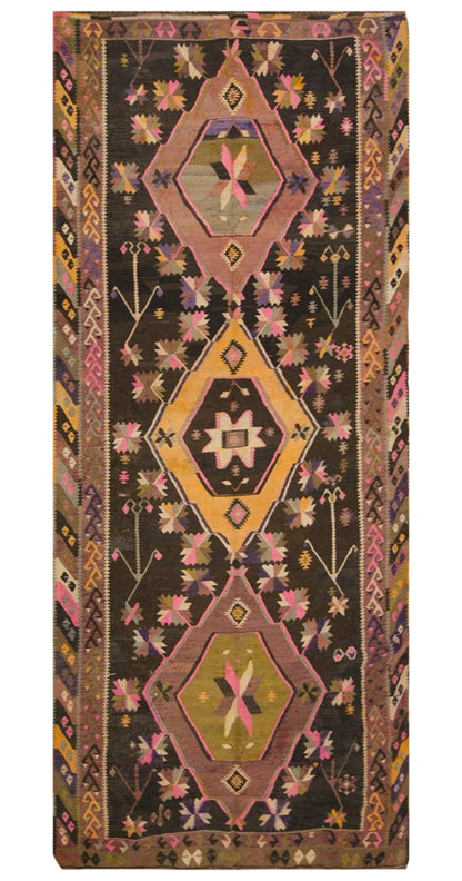 Vintage Kars Kilim Rug, 4.5 x 12.1 ft, 137 x 370 cm, Handwoven Turkish Wool Kilim
