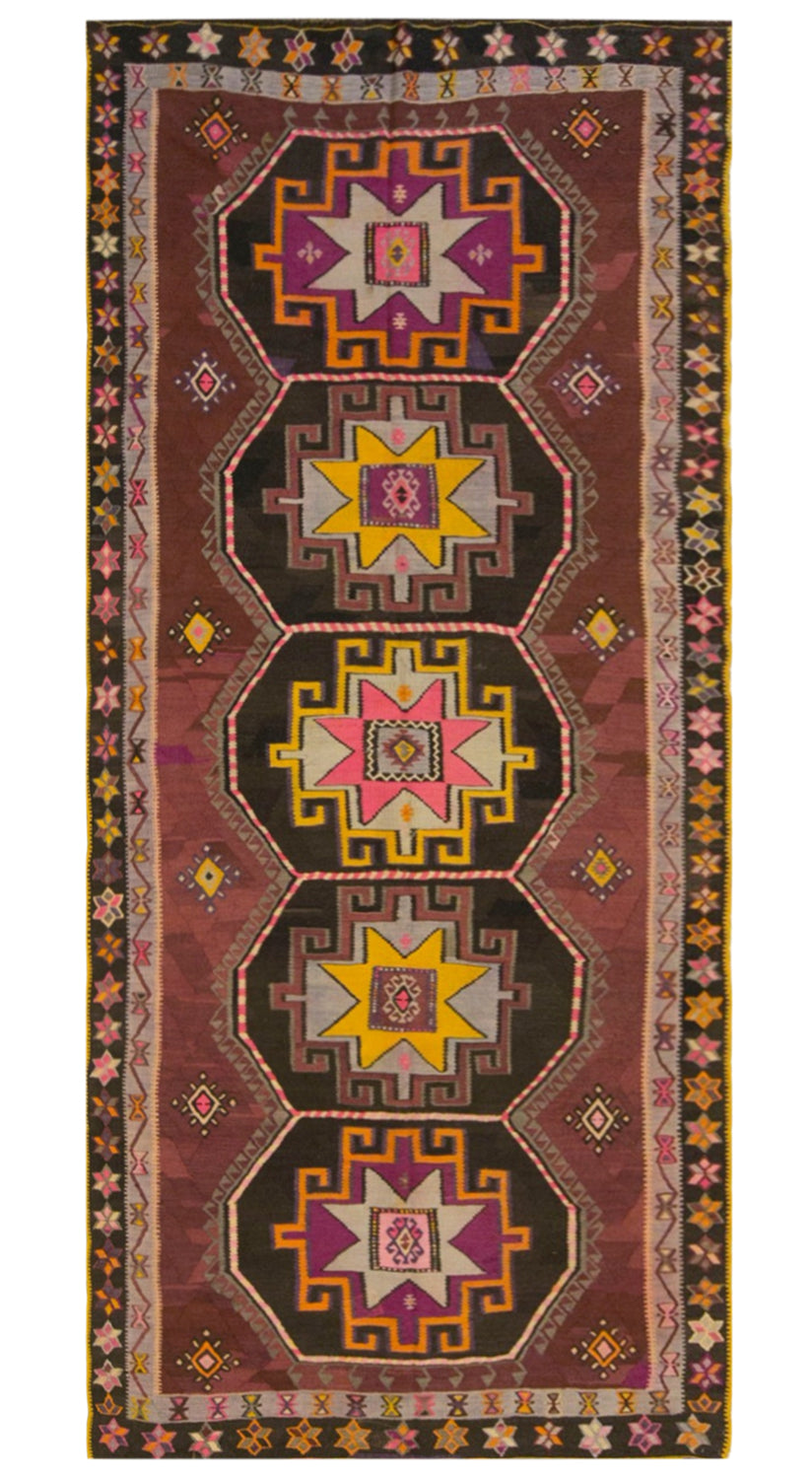 Vintage Kars Kilim Rug, 4.8 x 10.8 ft, 147 x 330 cm, Handwoven Turkish Wool Kilim