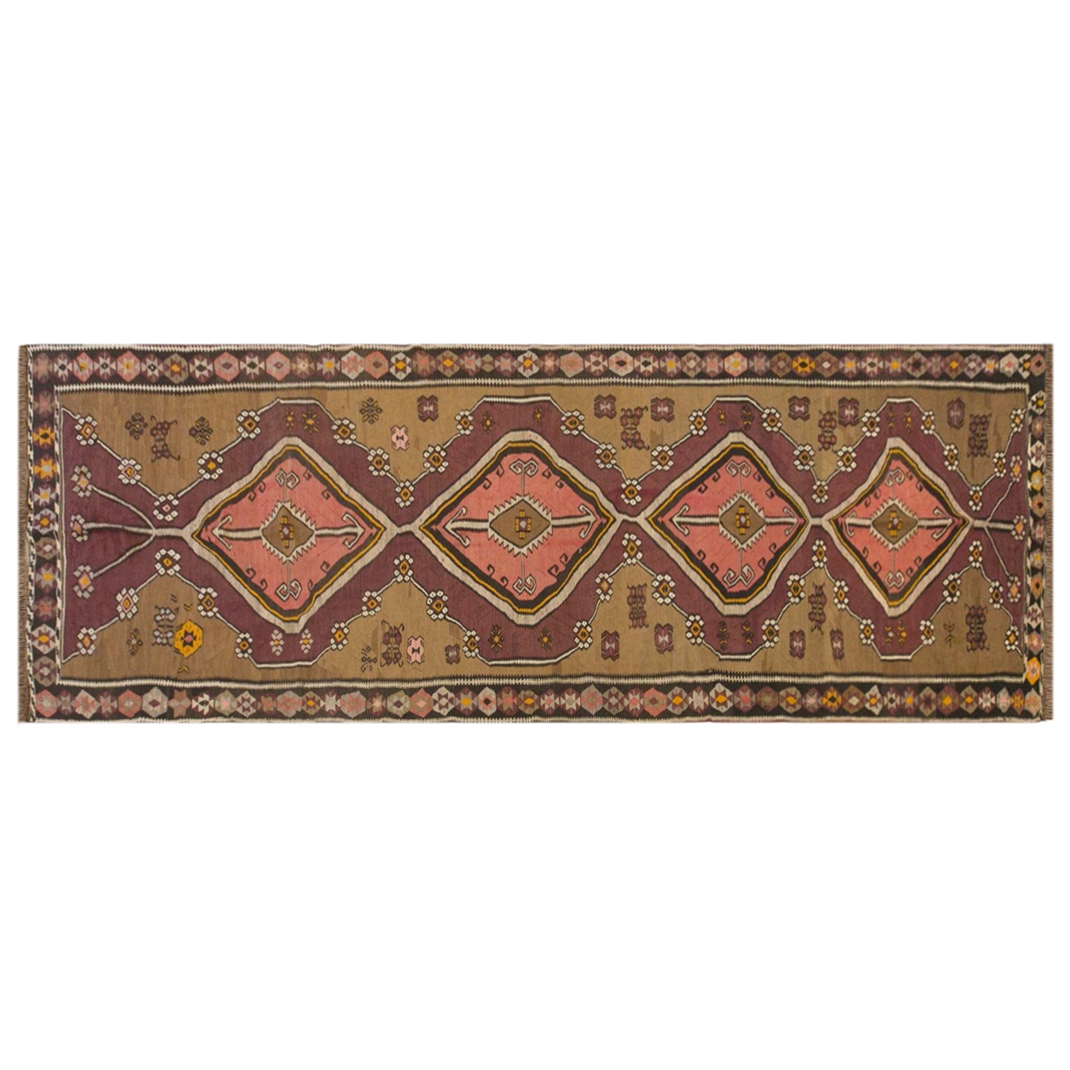 Vintage Kars Kilim Rug, 4.8 x 15.5 ft, 145 x 471 cm, Handwoven Turkish Wool Kilim