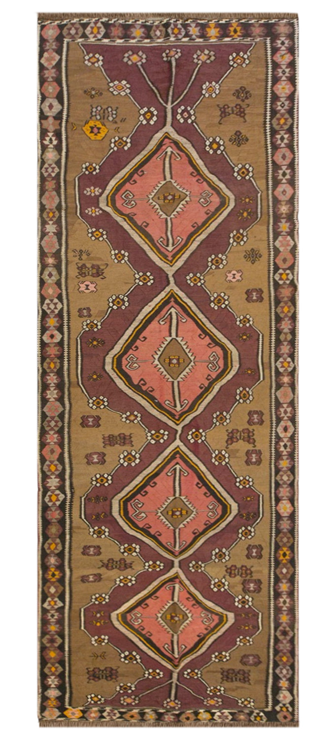 Vintage Kars Kilim Rug, 4.8 x 15.5 ft, 145 x 471 cm, Handwoven Turkish Wool Kilim