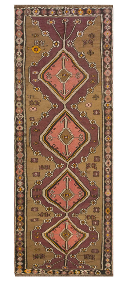 Vintage Kars Kilim Rug, 4.8 x 15.5 ft, 145 x 471 cm, Handwoven Turkish Wool Kilim