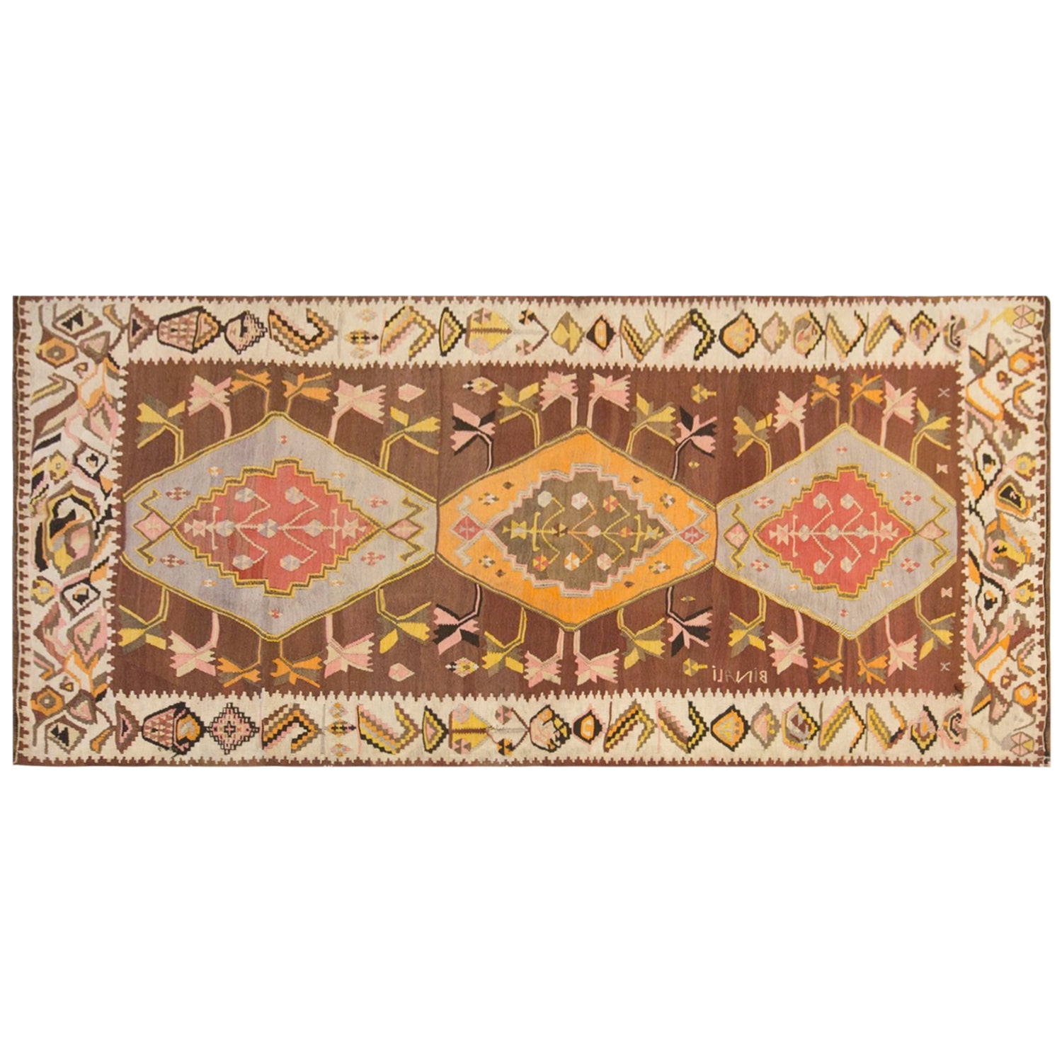 Vintage Kars Kilim Rug, 4.9 x 10.0 ft, 150 x 305 cm, Handwoven Turkish Wool Kilim