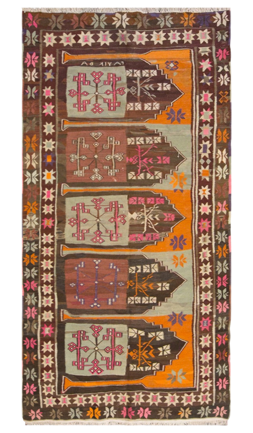 Vintage Kars Kilim Rug, 4.9 x 10.0 ft, 150 x 305 cm, Handwoven Turkish Wool Kilim