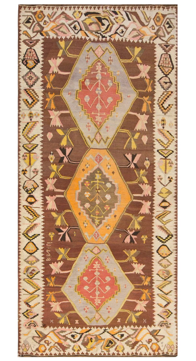 Vintage Kars Kilim Rug, 4.9 x 10.0 ft, 150 x 305 cm, Handwoven Turkish Wool Kilim