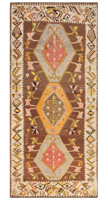 Vintage Kars Kilim Rug, 4.9 x 10.0 ft, 150 x 305 cm, Handwoven Turkish Wool Kilim