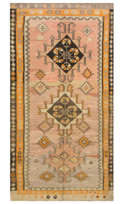 Vintage Kars Kilim Rug, 4.9 x 11.3 ft, 150 x 345 cm, Handwoven Turkish Wool Kilim